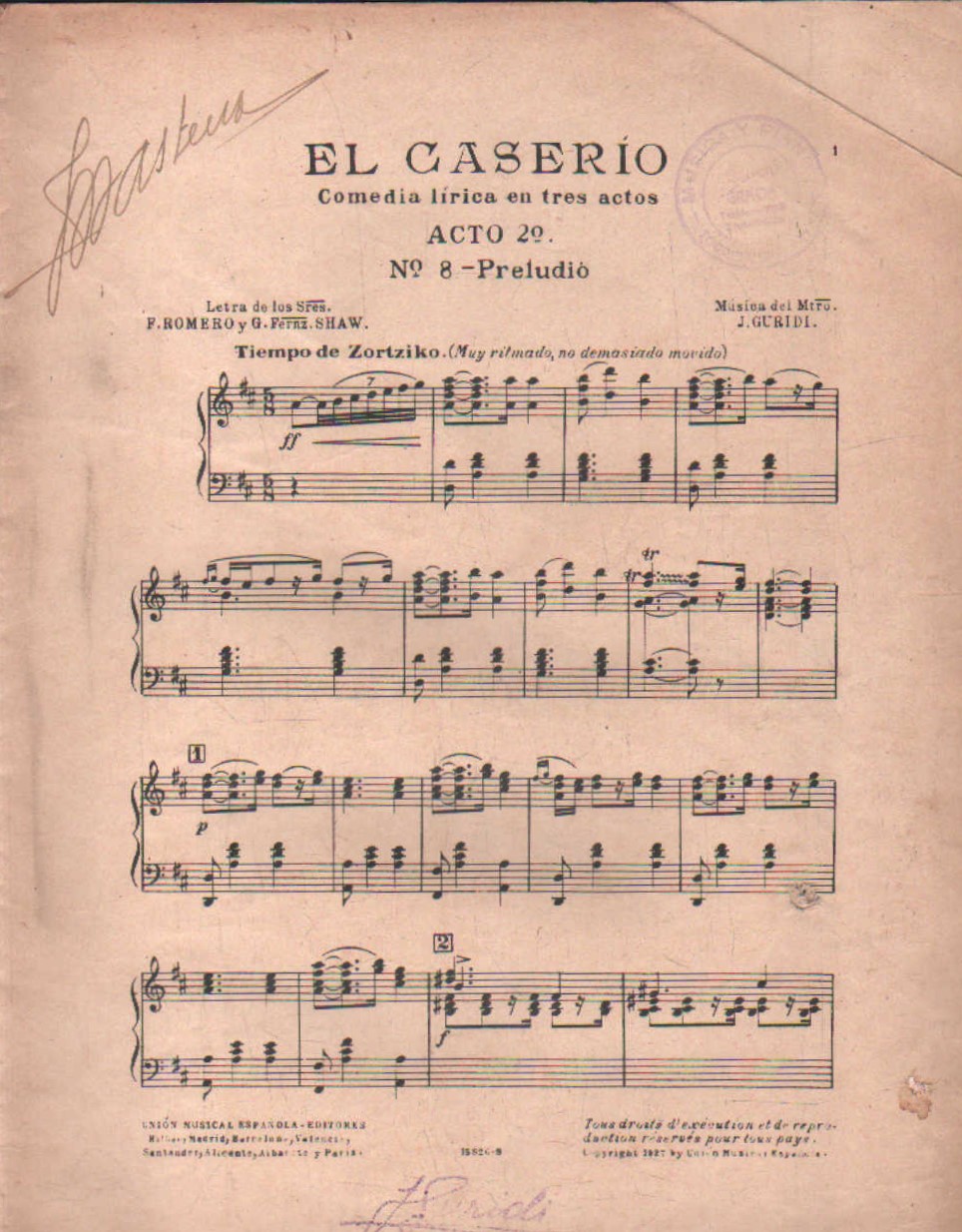 EL CASERÍO. COMEDIA LÍRICA EN TRES ACTOS