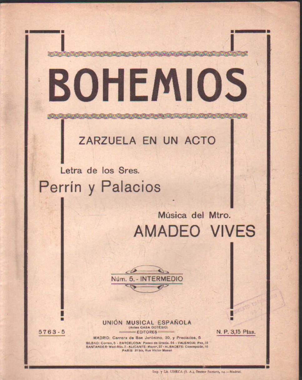 BOHEMIOS. ZARZUELA EN UN ACTO