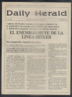 PORTADA DAILY HERALD. Nº 8816.25-5-1944.EL ENEMIGO HUYE DE LA LINEA HITLER. (COPIA).
