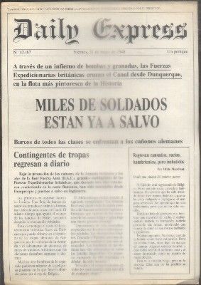 PORTADA DAILY EXPRESS. Nº 12487. 31-5-1940. MILES DE SOLDADOS ESTAN YA A SALVO. (COPIA).