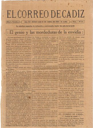 EL CORREO DE CADIZ - DIARIO CATOLICO - AÑO XII 28 ABRIL 1920 Nº 4.024