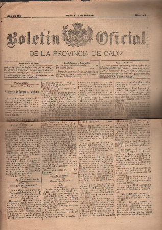 BOLETIN OFICIAL DE LA PROVINCIA DE CADIZ AÑO DE 1917 23 DE FEBRERO Nº 43
