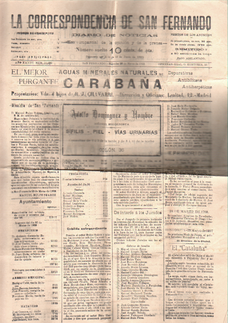 LA CORRESPONDENCIA DE SAN FERNANDO DIARIO DE NOTICIAS AÑO XXXIII Nº 11683 - 13-3-1923