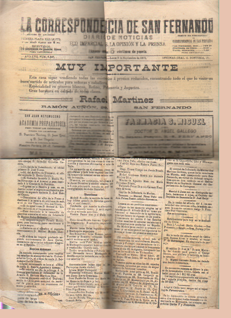LA CORRESPONDENCIA DE SAN FERNANDO DIARIO DE NOTICIAS AÑO XVII Nº 6349 - 13-9-1907