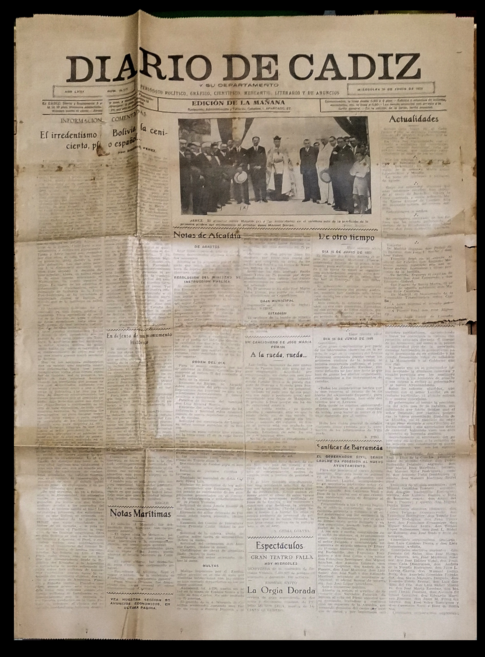 DIARIO DE CADIZ AÑO LXIII  Nº 28.272 MIERCOLES 26 DE JUNIO DE 1929