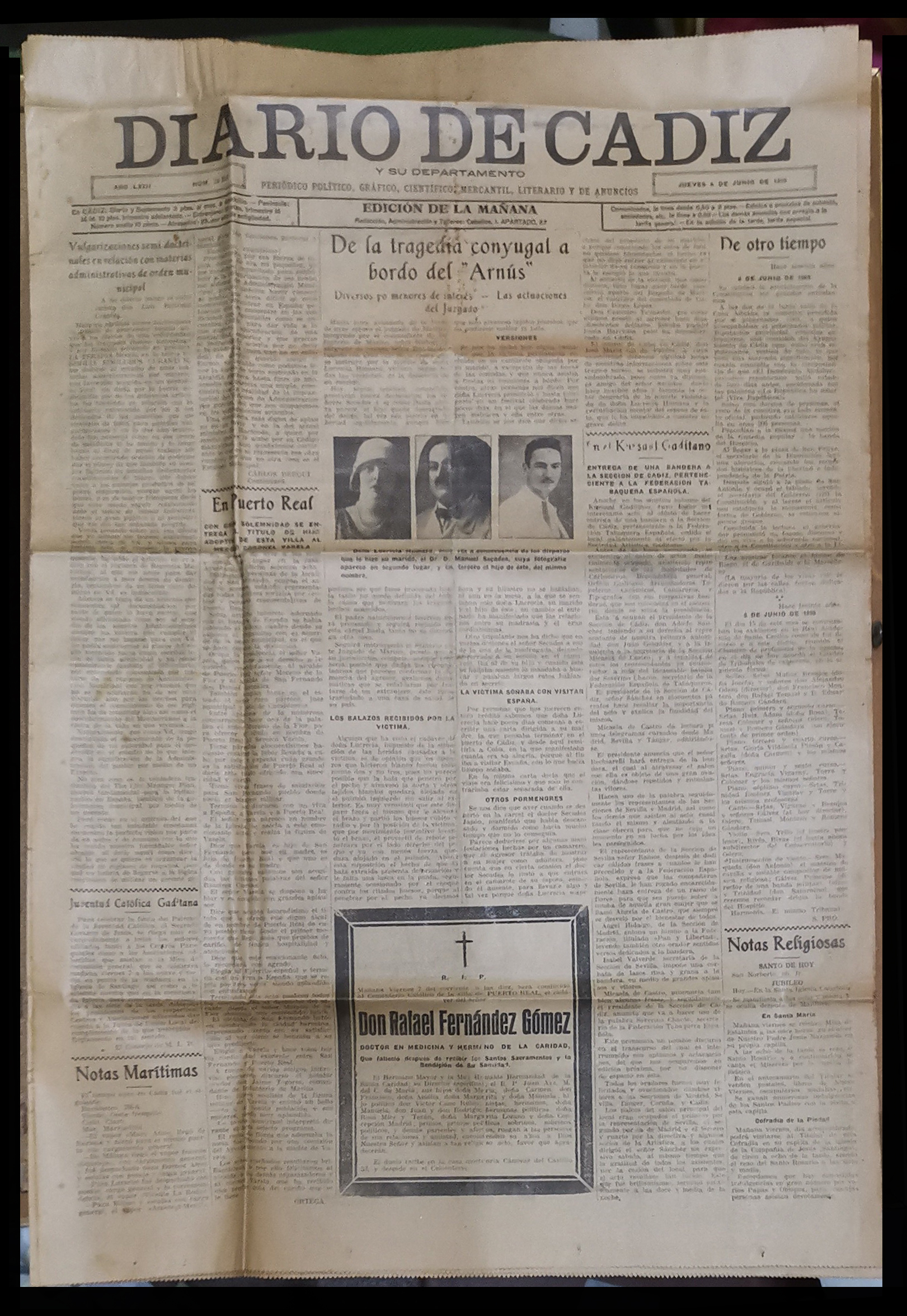 DIARIO DE CADIZ AÑO LXIII  Nº 28.252 JUEVES 6 DE JUNIO DE 1929
