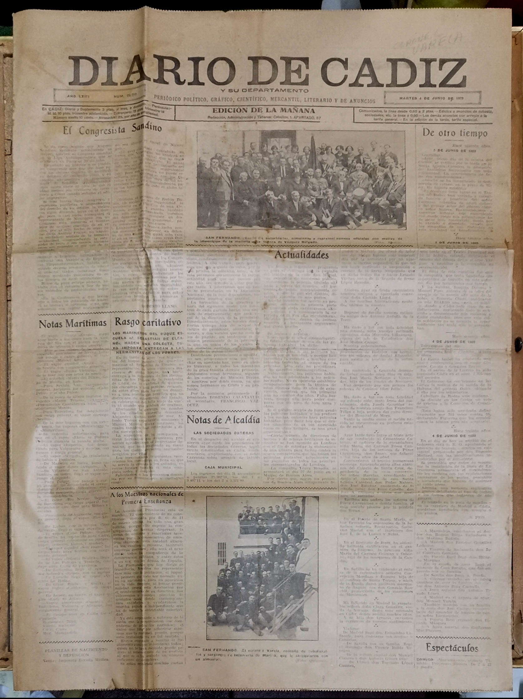 DIARIO DE CADIZ AÑO LXIII  Nº 28.256 MARTES 4 DE JUNIO DE 1929
