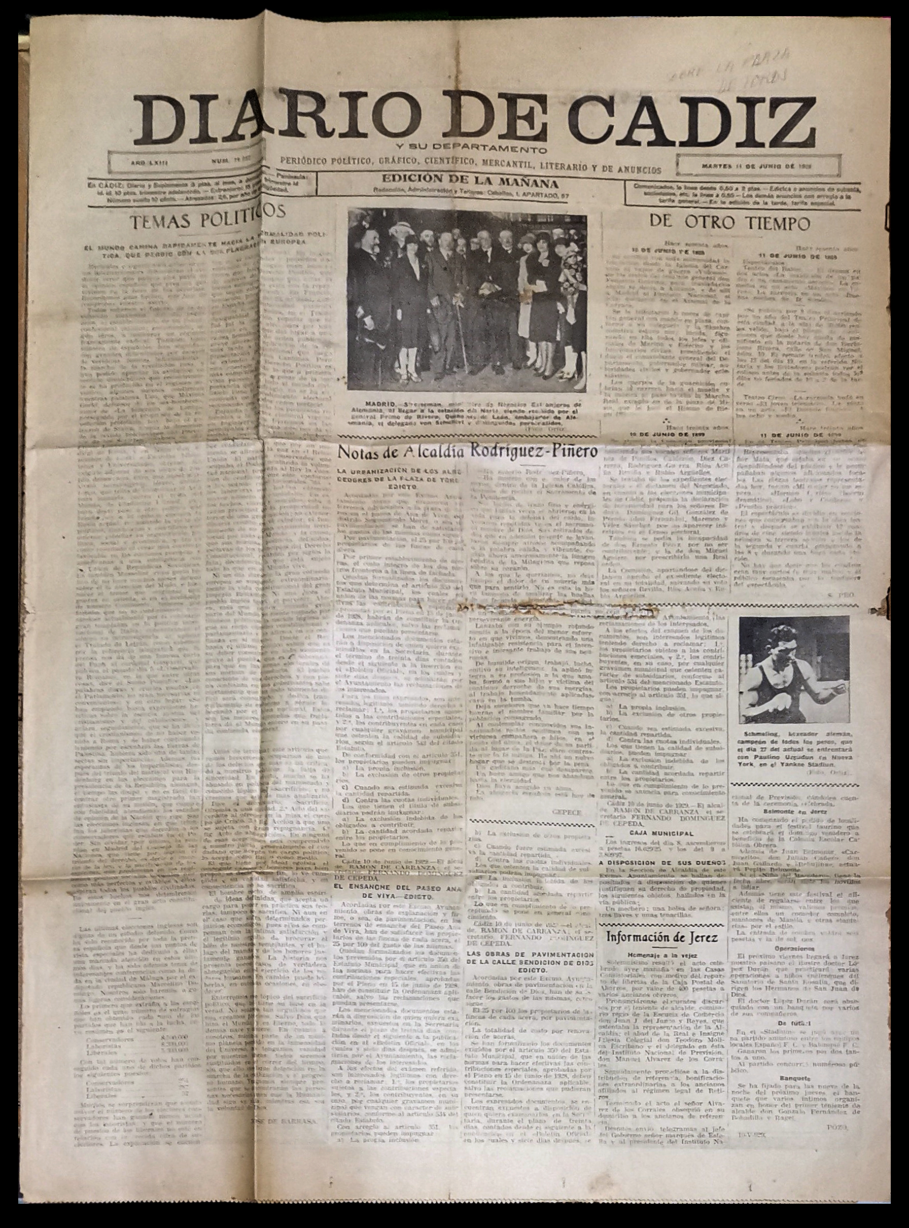 DIARIO DE CADIZ AÑO LXIII  Nº 28.257 MARTES 11 DE JUNIO DE 1928
