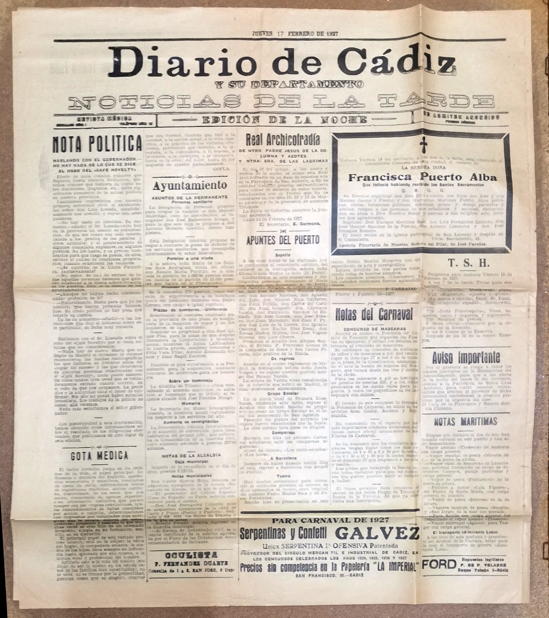 DIARIO DE CADIZ JUEVES 17 DE FEBRERO DE 1927 (NOTICIAS DE LA TARDE) EDICION DE LA NOCHE