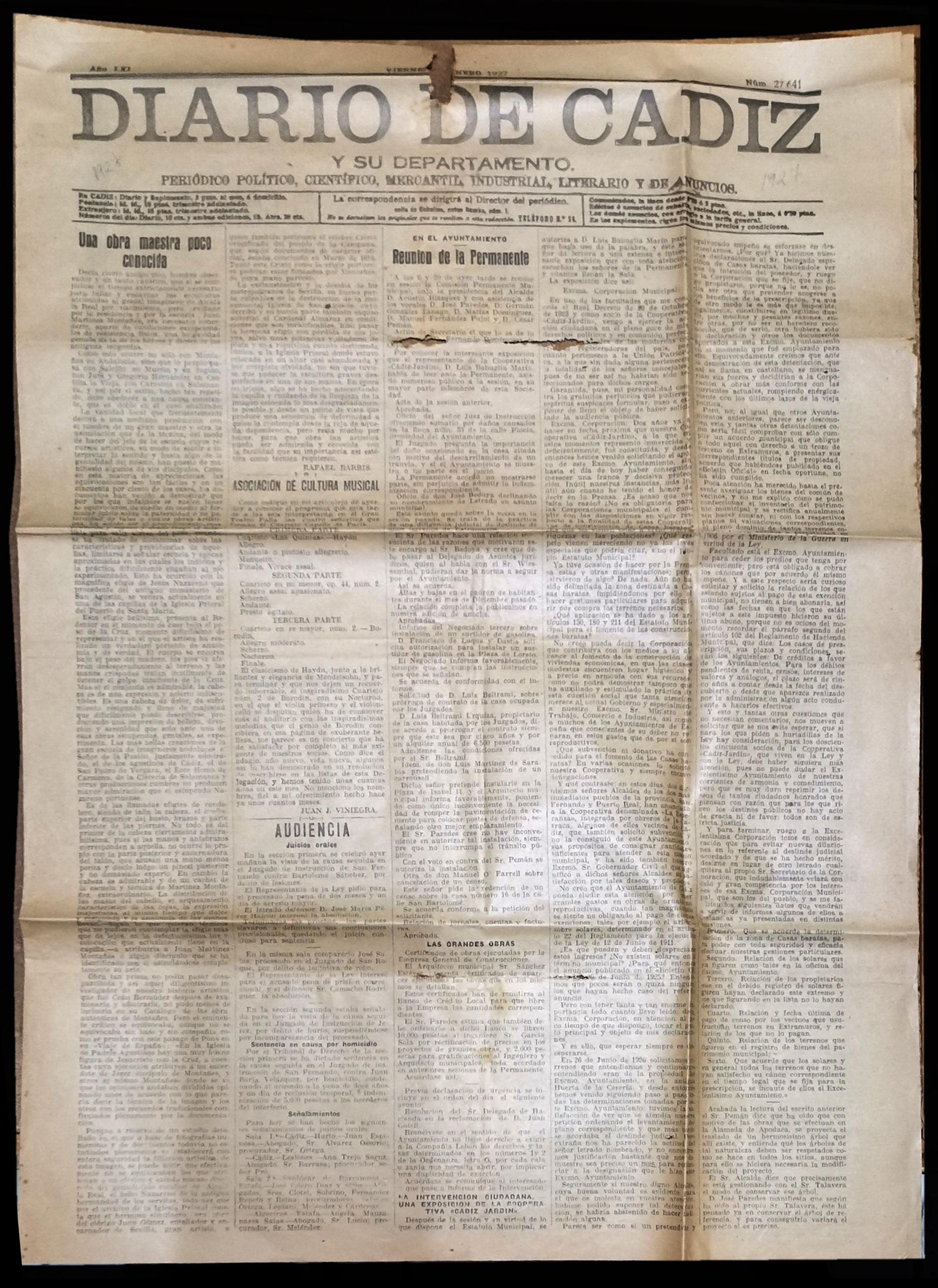 DIARIO DE CADIZ - ENERO DE 1927 - AÑO LXI  Nº 27641