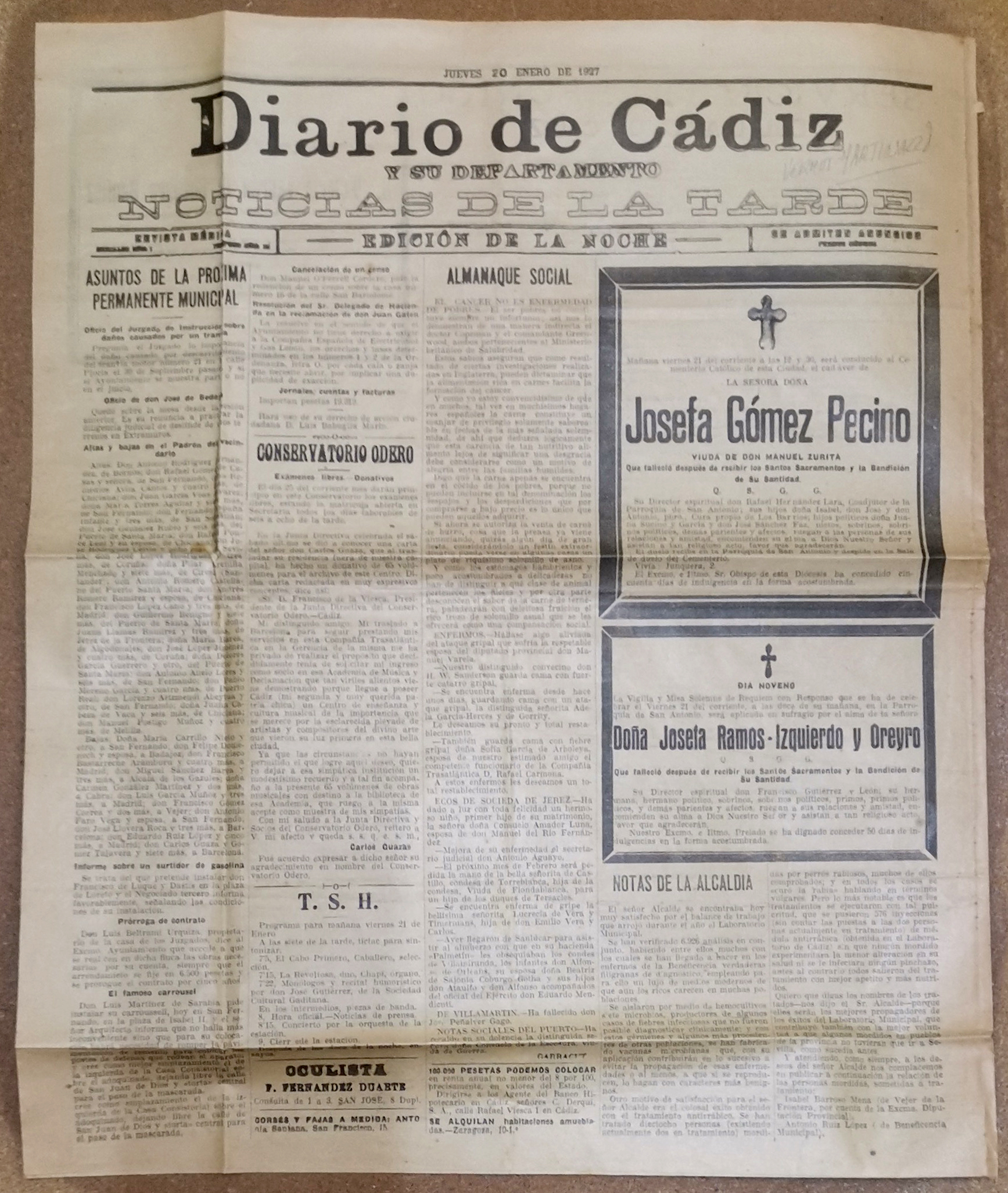 DIARIO DE CADIZ JUEVES 20 ENERO 1927 (NOTICIAS DE LA TARDE) EDICION DE LA NOCHE