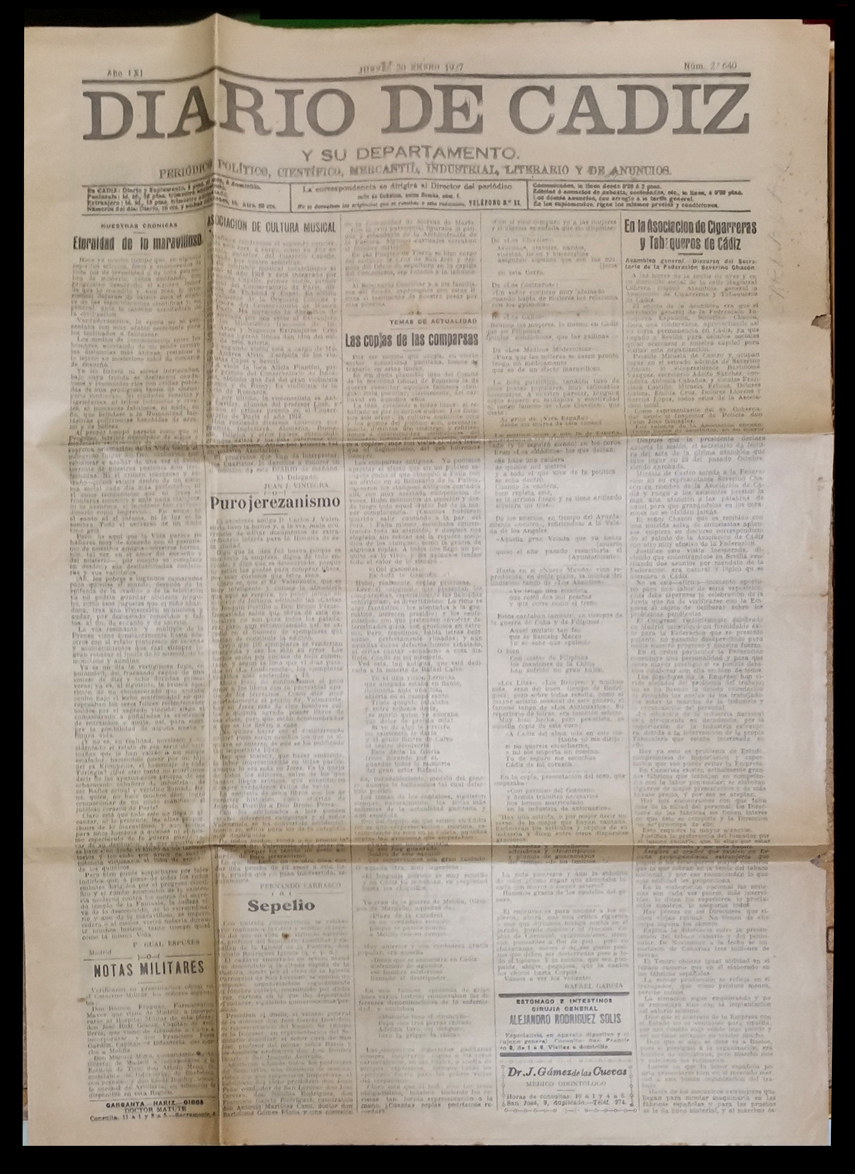 DIARIO DE CADIZ Y SU DEPARTAMENTO AÑO LXI Nº 27.640 JUEVES 20 ENERO 1927