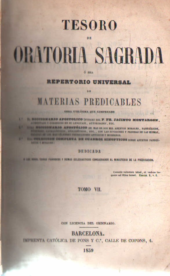 TESORO DE ORATORIA SAGRADA. REPERTORIO UNIVERSAL DE MATERIAS PREDICABLES. TOMO VII
