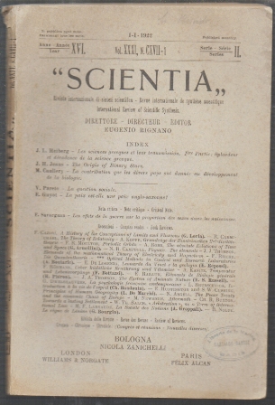 REVISTA SCIENTA - VOL. XXI, N. CXVIII-1 SERIE II - ANNO XVI - I-I-1922.