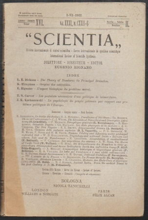 REVISTA SCIENTA - VOL. XXI, N. CXVIII-6 SERIE II - ANNO XVI - I-V-1922.