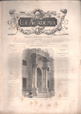LA ACADEMIA - SEMANARIO ILUSTRADO UNIVERSAL MADRID 30 ABRIL 1878 TOMO III Nº 16