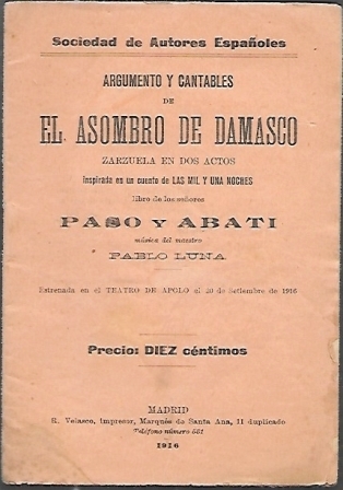 ARGUMENTO Y CANTABLES DE EL ASOMBRO DE DAMASCO