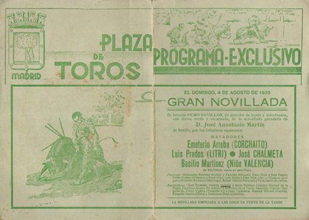 PLAZA DE TOROS DE MADRID - PROGRAMA EXCLUSIVO DOMINGO 4 AGOSTO 1935