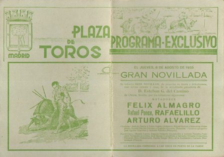 PLAZA DE TOROS DE MADRID - PROGRAMA EXCLUSIVO JUEVES 8 AGOSTO 1935
