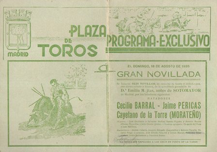 PLAZA DE TOROS DE MADRID - PROGRAMA EXCLUSIVO 18 AGOSTO 1935
