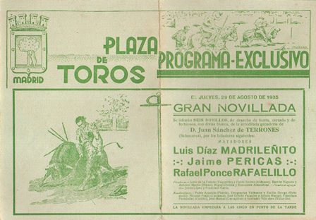 PLAZA DE TOROS DE MADRID - PROGRAMA EXCLUSIVO JUEVES 29 AGOSTO 1935