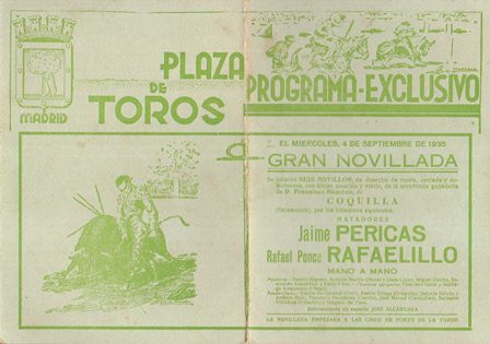 PLAZA DE TOROS DE MADRID - PROGRAMA EXCLUSIVO MIERCOLES  4 SEPTIEMBRE 1935