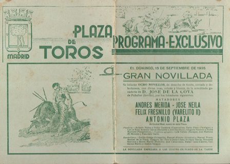 PLAZA DE TOROS DE MADRID - PROGRAMA EXCLUSIVO DOMINGO 15 SEPTIEMBRE 1935
