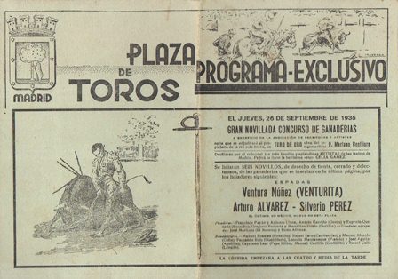 PLAZA DE TOROS DE MADRID - PROGRAMA EXCLUSIVO JUEVES 26 SEPTIEMBRE 1935