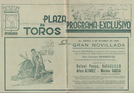 PLAZA DE TOROS DE MADRID - PROGRAMA EXCLUSIVO JUEVES 3 OCTUBRE 1935