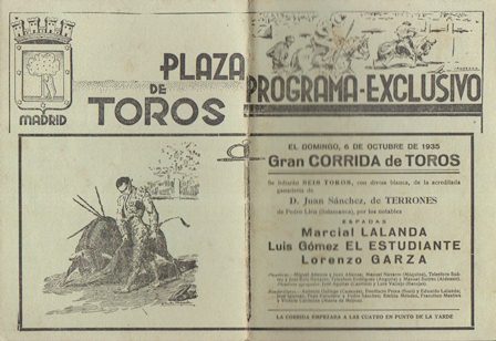 PLAZA DE TOROS DE MADRID - PROGRAMA EXCLUSIVO DOMINGO 6 OCTUBRE 1935
