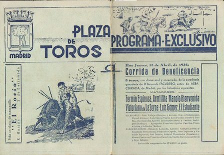 PLAZA DE TOROS DE MADRID - PROGRAMA EXCLUSIVO JUEVES 23 ABRIL 1936