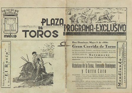 PLAZA DE TOROS DE MADRID - PROGRAMA EXCLUSIVO DOMINGO 3 MAYO 1936