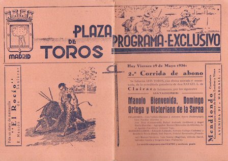 PLAZA DE TOROS DE MADRID - PROGRAMA EXCLUSIVO VIERNES 29 MAYO 1936