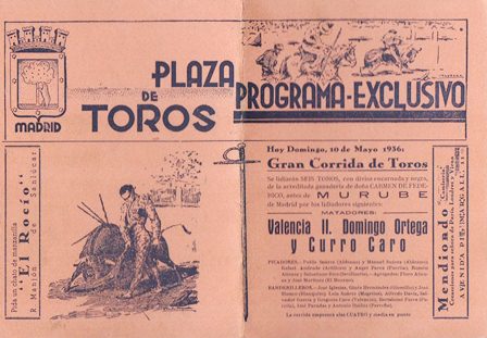 PLAZA DE TOROS DE MADRID - PROGRAMA EXCLUSIVO DOMINGO 10 MAYO 1936