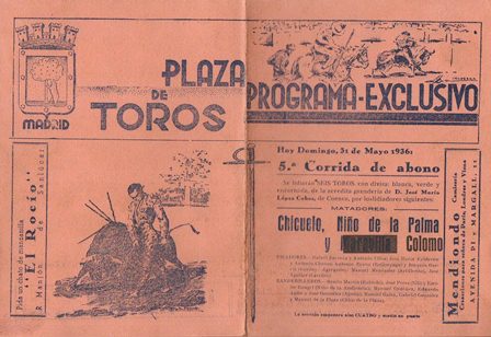 PLAZA DE TOROS DE MADRID - PROGRAMA EXCLUSIVO DOMINGO 31 MAYO 1936
