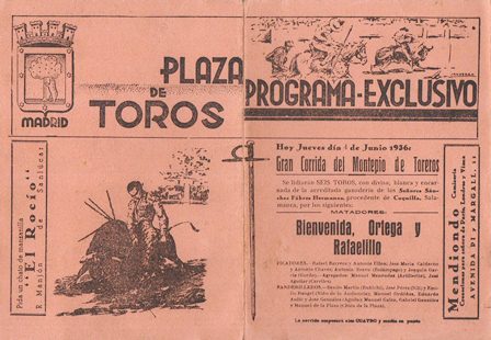 PLAZA DE TOROS DE MADRID - PROGRAMA EXCLUSIVO JUEVES 4 JUNIO 1936