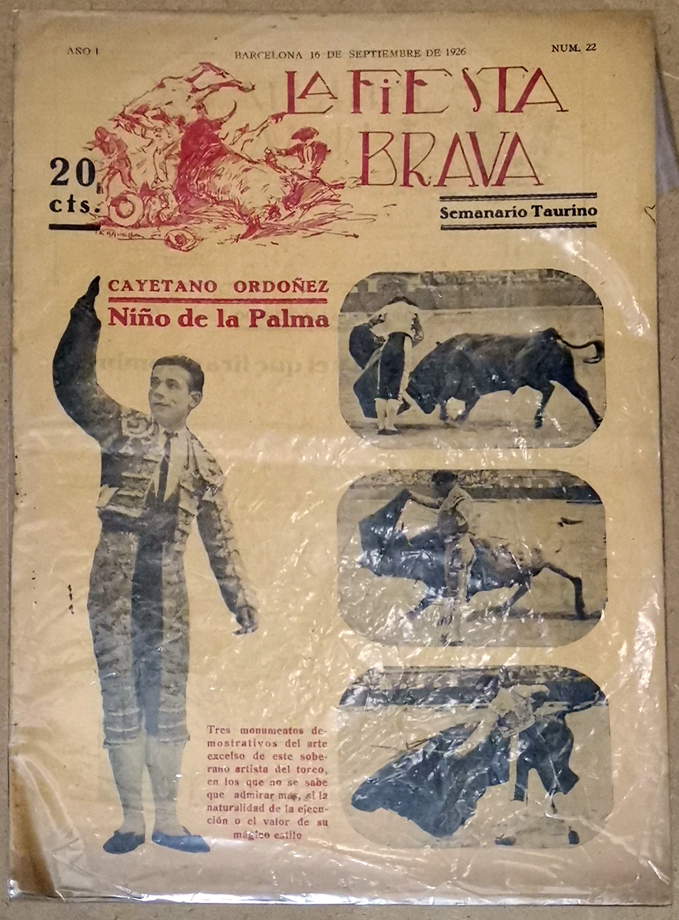 SEMANARIO TAURINO LA FIESTA BRAVA - 16 SEPTIEMBRE 1926 AÑO I Nº22