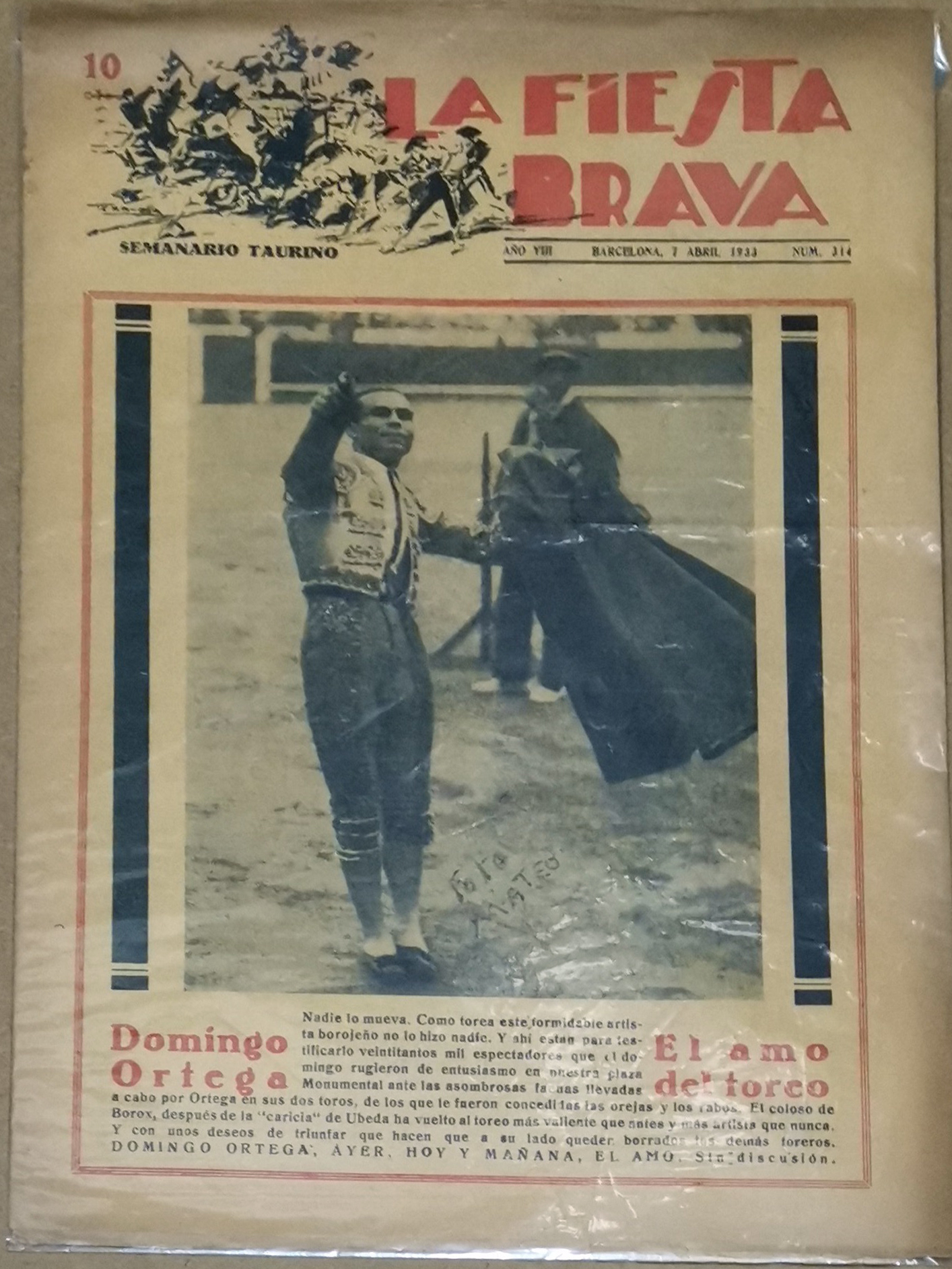SEMANARIO TAURINO LA FIESTA BRAVA - 7 ABRIL 1933 AÑO VIII Nº314