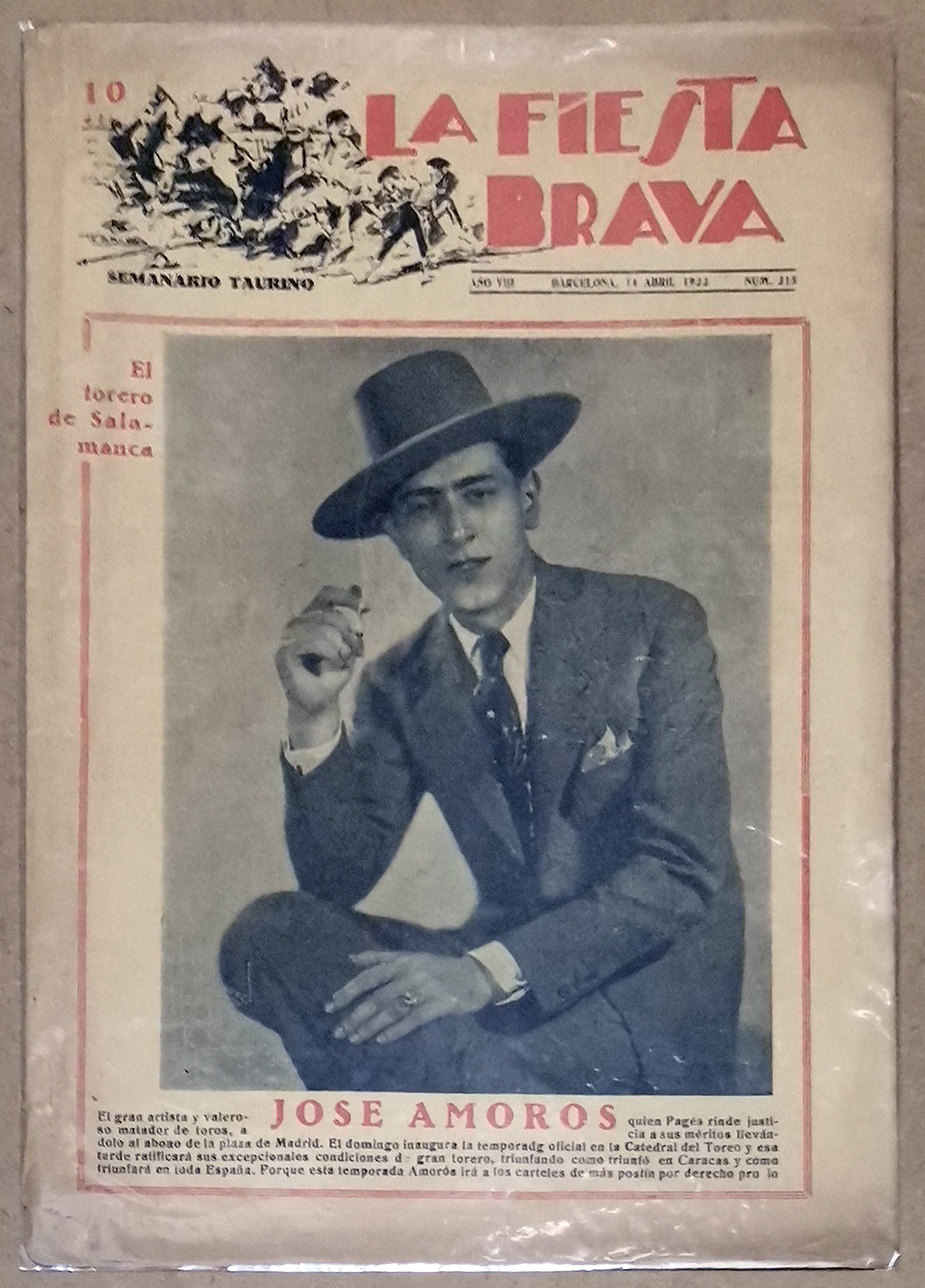 SEMANARIO TAURINO LA FIESTA BRAVA - 14 ABRIL 1933 AÑO VIII Nº315