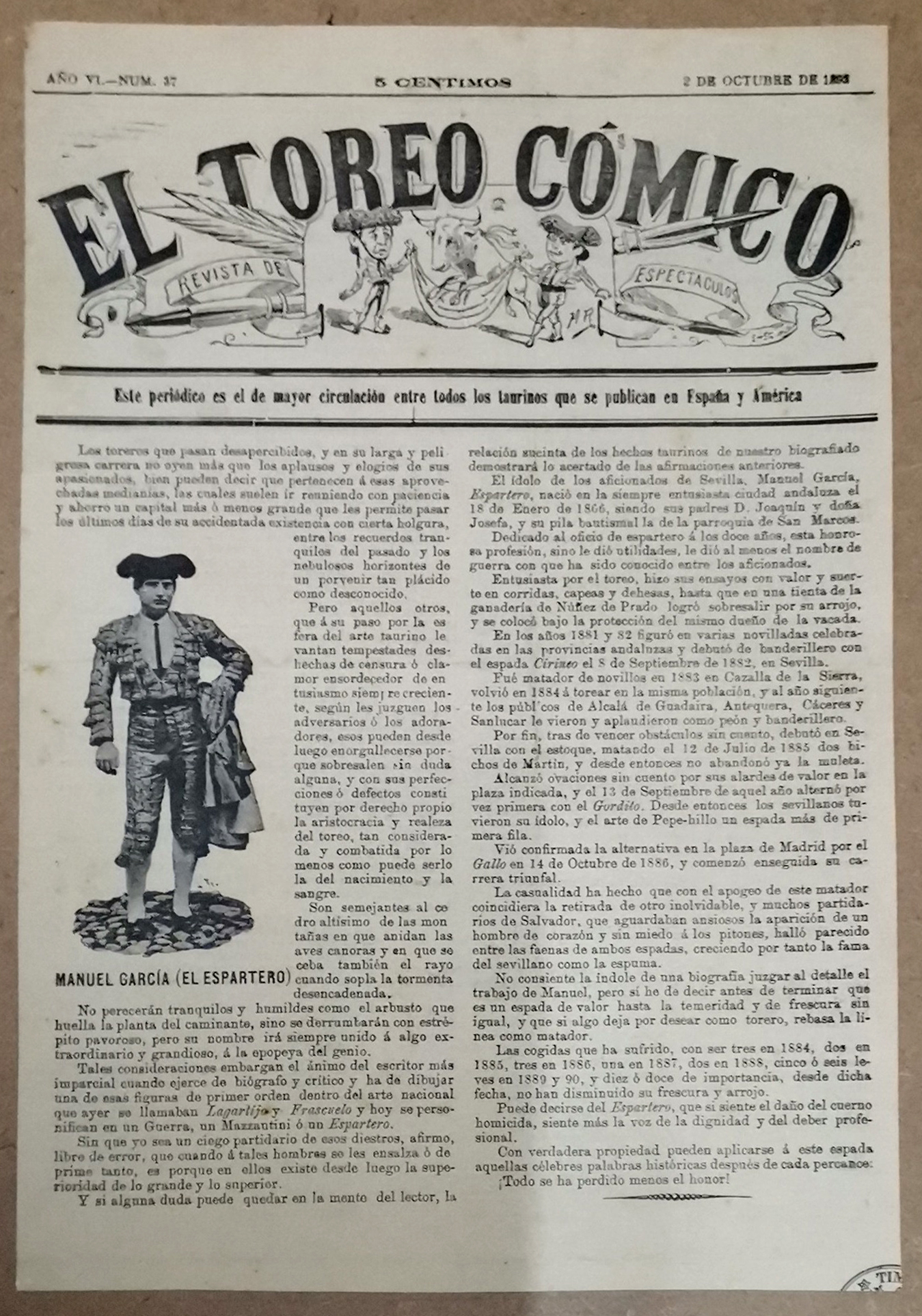 PERIODICO EL TOREO COMICO 2 OCTUBRE 1893 AÑO VI Nº 37