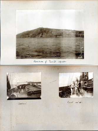 FOTOGRAFIA DE TARIFA DESDE EL MAR + 2 FOTOS DEL BARCO EN REVERSO. AÑO 1890