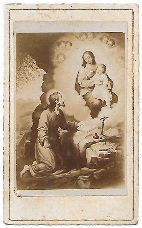 FOTO ESTAMPA VIRGEN GUIANDO A SAN IGNACIO EN SUS EJERCICIOS, SOBRE 1890