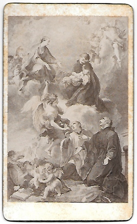 FOTOGRAFIA ESTAMPA MARIA CON EL NIÑO JESUS Y TRES SANTOS SOBRE 1890