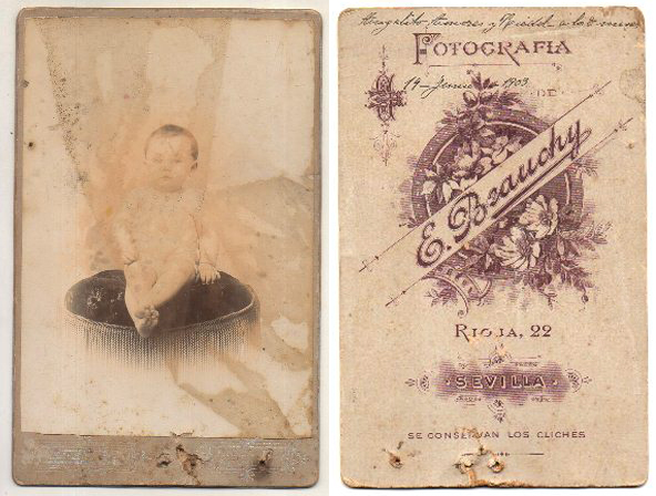 FOTOGRAFIA DE BEBE, FOTO E. BEAUCHY SEVILLA 19-JUNIO-1909