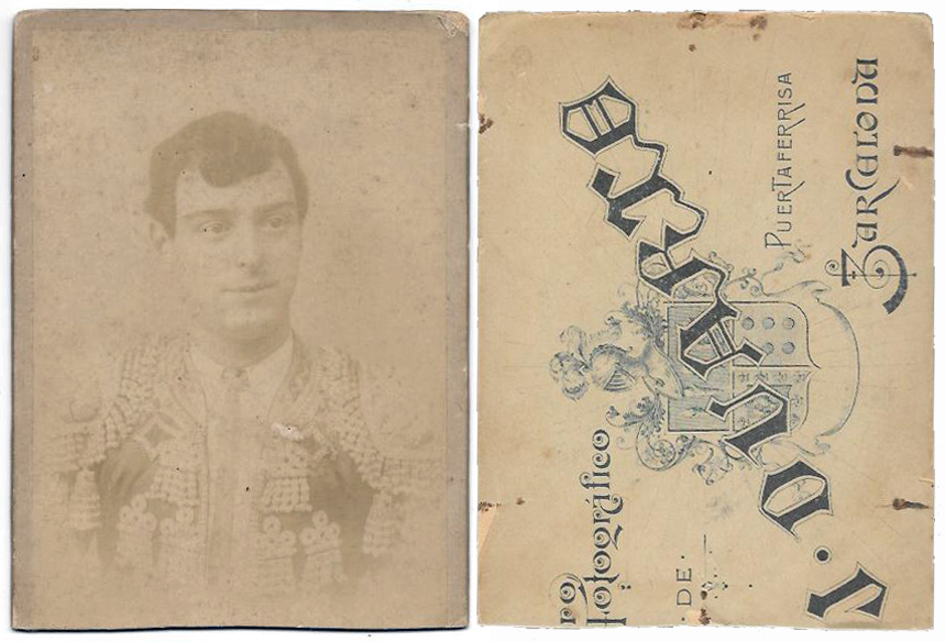 FOTOGRAFIA DE TORERO (DESCOLORIDA) FOTO DUARTE BARCELONA. SOBRE 1890