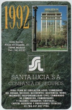 CALENDARIO FOURNIER SANTA LUCIA SEGUROS AÑO 1992