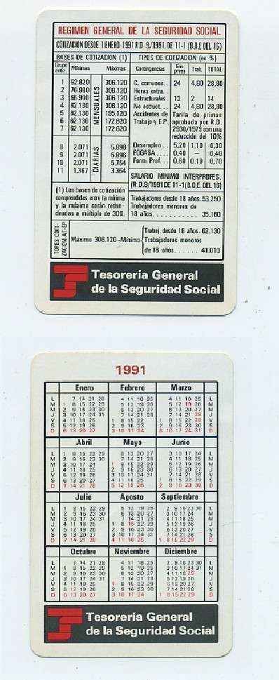 CALENDARIO DE BOLSILLO-1991-TESORERIA GENERAL S.S.