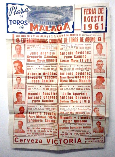 CARTEL PLAZA DE TOROS DE MALAGA, CORRIDAS DE TOROS, A. ORDOÑEZ, P. CAMINO, EL VITI, J. APARICIO, LIMEÑO, MIGUELIN. AÑO 1961.