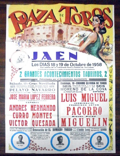 CARTEL PLAZA DE TOROS DE JAEN. OCTUBRE 1958. LUIS MIGUEL, PACORRO, MIGUELIN., ETC.