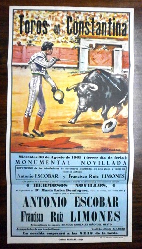 CARTEL TAURINO TOROS EN CONSTANTINA. AGOSTO 1961. ANTONIO ESCOBAR, FCO. RUIZ LIMONES.